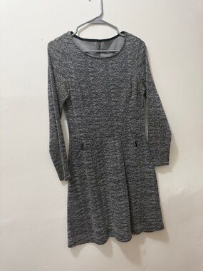 Long-Sleeve Black and White Knit Fit & Flare Dress